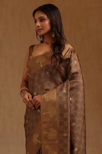 Soch Womens Olive Tussar Floral Woven Design Saree With Zari