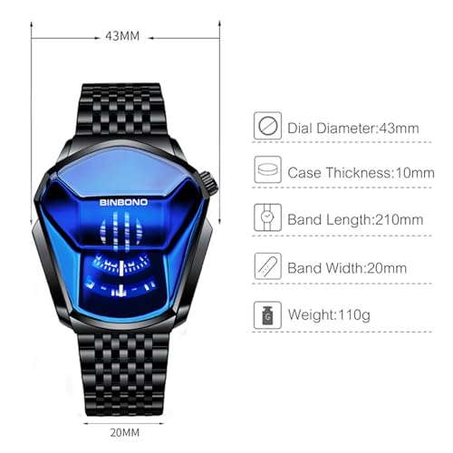 BACHATBAAZZAR—Not a product of our company,Luxury Black Watch for Man, Unique Creative Analog Watch, Stainless Steel Black Tone Strap Quartz Watch with Blue Big Dial, Waterproof Business Men's Fashion Wrist Watch