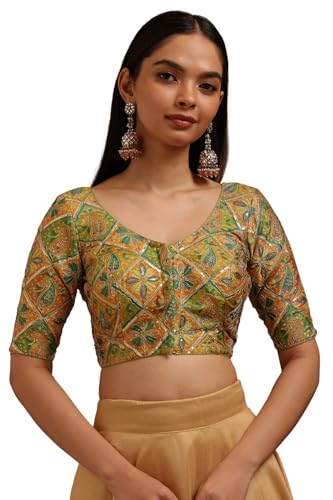 Soch Womens Olive Satin Ethnic Motif Padded Blouse with Sequins