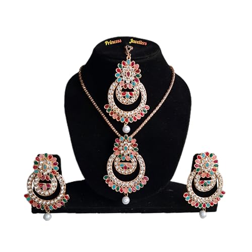 Silver Tone Traditional Necklace Set with Earrings & Maang Tikka for Women | Wedding, Festive and Ethnic Indian Jewellery Set (Multicolor - 2)