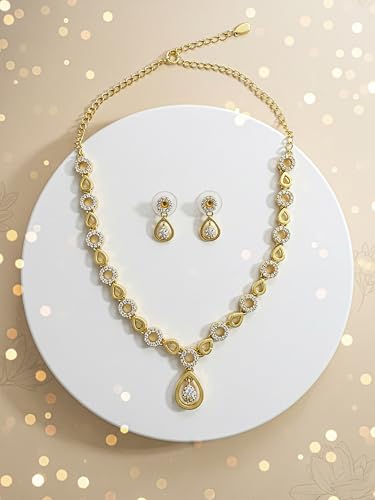 Brado Jewellery Gold Plated Brass Leaf Design American Diamond White Ad Necklace & Earrings Set for Women and Girls | Adjustable Neck Chain Trendy Contemporary Anti Tarnish Western Choker | Party, Wedding and Anniversary (White)