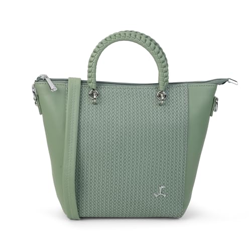 Mochi Women Green Faux Leather Premium Logo Multi-Pocket Tote Bag(66-412)