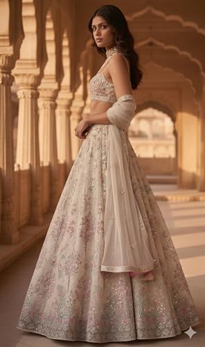 Kuber Enterprise Women's Semi-Stitched Sequence,Thread Embroidery Work Georgette Lehenga Choli With Georgette Dupatta(CREAM_V3-029)