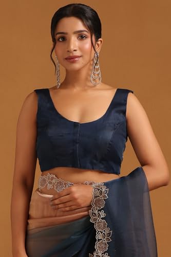Soch Womens Blue Fendy Organza Ombre Saree With Stone Work
