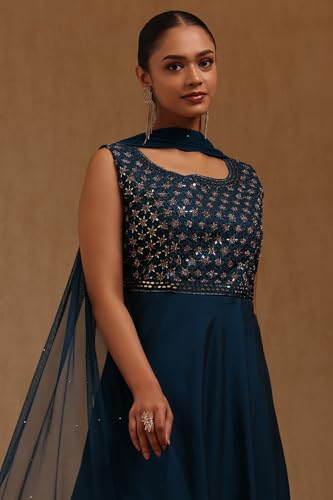Soch Womens Teal Blue Silk Embroidered Gown with Mirror and Stone