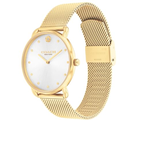 Coach Elliot Qtz Basic Silver White Round Dial Women's Watch|Ionic Plated Thin Gold Steel Material|Gold Color Band - 14504208