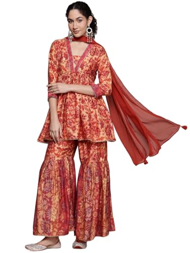 Aarke Ritu Kumar Rust Lavish Loom 3/4 Sleeve Kurta With Sharara And Dupatta