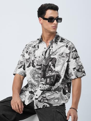 The Souled Store Wagara Men and Boys Short Sleeves Collared Neck Button Front All Over Printed Cotton Lightweight Streetwear Oversized Holiday Shirts