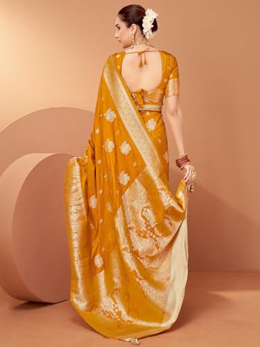 AKHILAM Women's Mustard Satin Silk Woven Design Saree With Unstitched Blouse Piece (RNGREET203_HS)