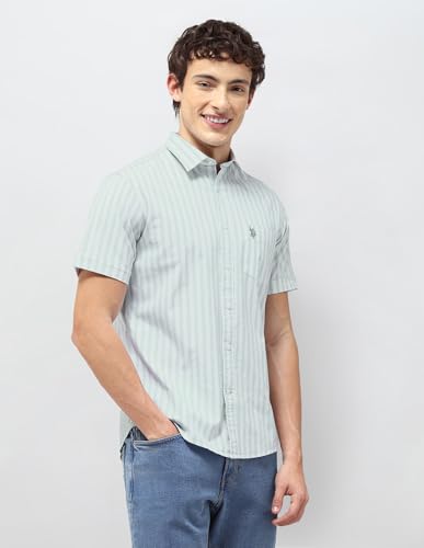 U.S.Polo Association Men's Vertical Striped Regular Fit Shirt (USSHT3402H_Light Green_39)