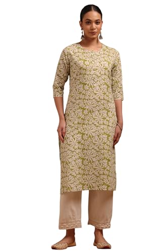 Soch Womens Green Cotton Floral Print Kurta with Thread Work