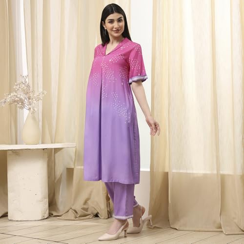 BIBA Women Lilac and Pink Printed Straight Co-ord Set_46