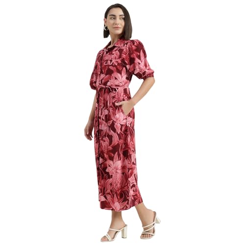 United Colors of Benetton Regular Fit Spread Collar Tropical Printed Dress (Size : XS) - 26P4DRESS057I901 Maroon