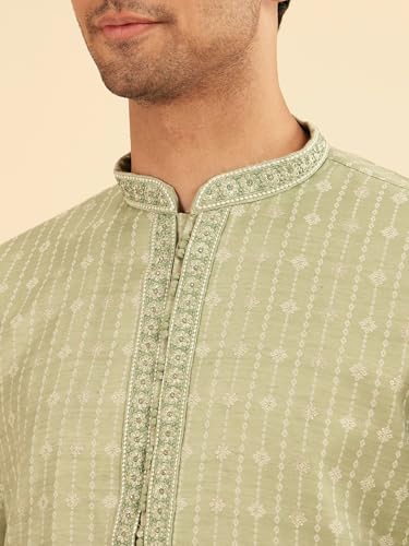 Manyavar Men's Art Silk Sequined Placket Printed Festive Kurta Set (Light Mid Green,S)