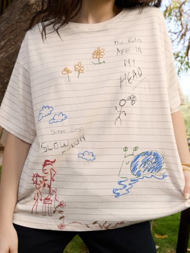 The Souled Store in My Head: Women and Girls Short Sleeve Round Neck Off White Graphic Printed Cotton Oversized Breathable Streetwear Casual Everyday T-Shirts