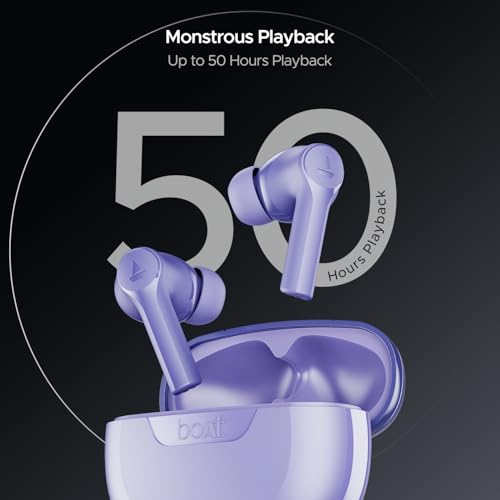 boAt Airdopes 300, Cinematic Spatial Audio, 50H Battery, 4Mic AI ENx, Fast Charge, App Support, Low Latency, IPX4, v5.3 Bluetooth Earbuds, TWS in Ear Earbuds Wireless Earphones with mic (Purple Haze)