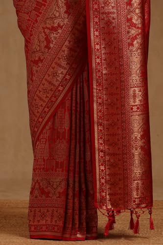 Soch Womens Red Tussar Woven Designs Saree With Zari