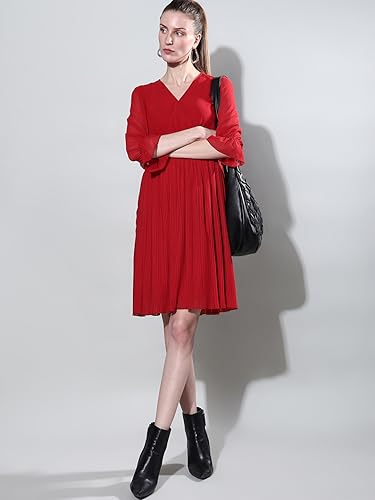 VERO MODA Women Textured Polyester Knee Length Red Fit & Flare Dress