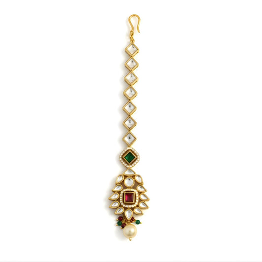 Iksava Elegant Traditional Polki Kundan Maangtika for Women & Girls | White Stone Bridal Forehead Tikka with Pearl Drop | Ethnic Hair Accessory for Wedding & Festive (Multi)