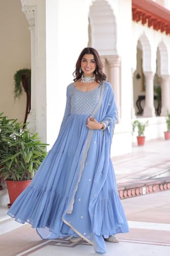 PRISTIQ Fashion Faux Georgette Anarkali Dress Set with Dupatta, Embroidered, Traditional Indian Ethnic Wear, (in, Alpha, 2XL, Regular, Sky)