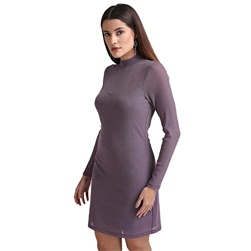 Kazo Solid Polyester Blend High Neck Women's Midi Dress (Purple,Large)
