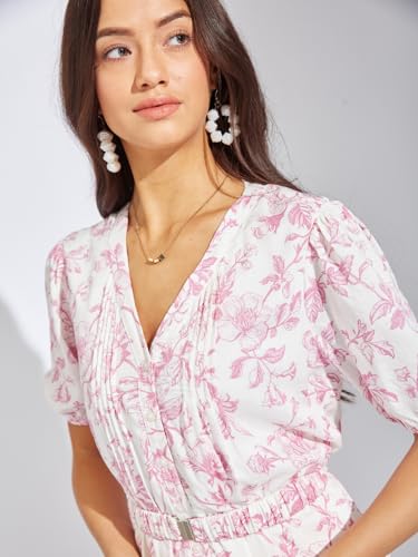 Latin Quarters Women Pink Floral Printed Mini A-Line Dress | V-Neck | Half Sleeves | Button Closure