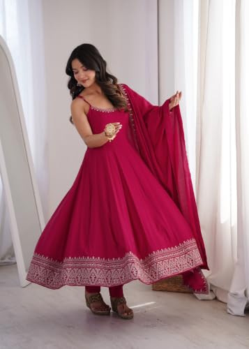 Leeli Peeri Designer Women's Chanderi Silk Embroidery Work Anarkali Kurta Set With Dupatta.