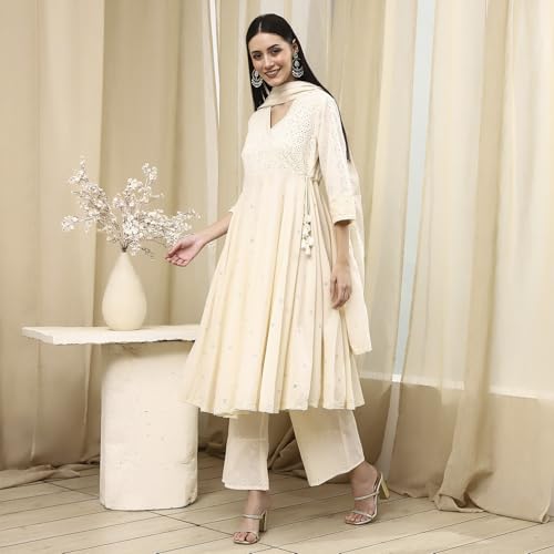Biba Women Off-White Cotton Schiffli Anarkali Suit Set_42