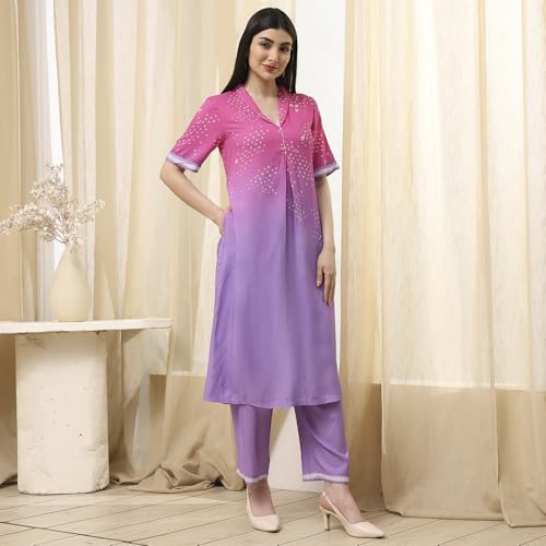 BIBA Women Lilac and Pink Printed Straight Co-ord Set_46