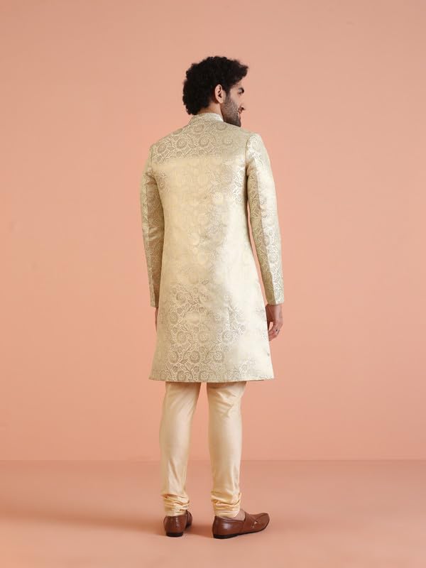 KISAH Men's Indo-Western Sherwani, Green Silk Blend, Woven Design Regular Fit Mandarin Collar Long Sleeves