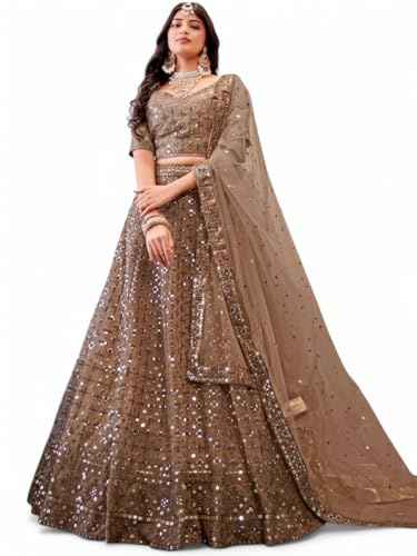 Zeel Clothing Women's Threads Sequins Embroidered Soft Net Lehenga Choli With Dupatta (5110-Brown-Wedding-Stylish-Lehenga-Choli-New; Free Size)