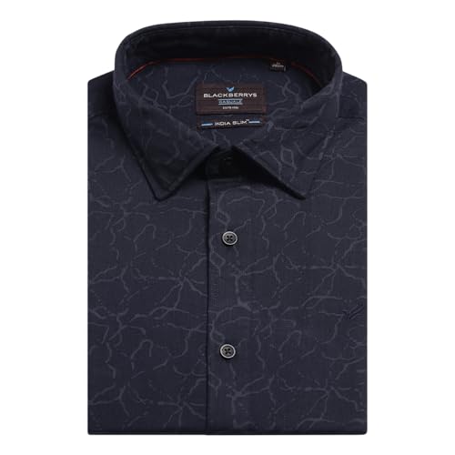 blackberrys Men?s Casual Blue Printed India Slim Fit (Slim Comfort) Shirt | Modern Printed Collared Long Sleeve Shirt | Size 46, Color Blue