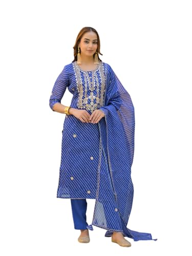Divena Blue Leheriya Kota Doria Kurta Pant With Dupatta