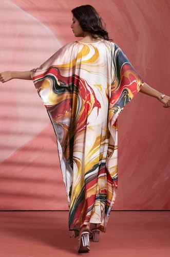 Label Aarna Classic Marble Soft Satin Women Kaftan Dress with Digital Print
