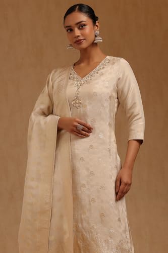 Soch Womens Off White Tissue Zari Woven Suit Set With Sequins