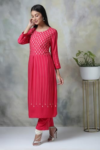 BIBA Women Fuchsia Rayon Straight Kurta Pants Set_46