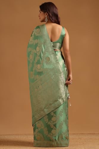 Soch Womens Olive Satin Botanical Zari Woven Saree