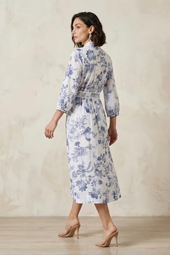 W for Woman White Floral Printed Pure Cotton A-line Shirt Dress with Fabric Belt - (W13497-126867-XL)