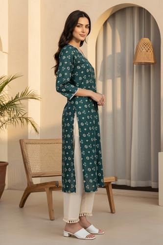 W for Woman Teal Green Geometric Printed Lace Pure Cotton Straight Kurta - (W14160-127685-L)