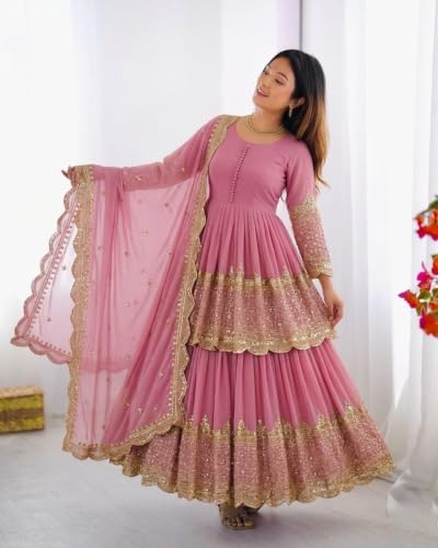 Women's Pink Georgette Tiered Anarkali Gown with Dupatta | Women's Pink Georgette Tiered Anarkali Gown with Dupatta