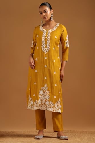 Soch Womens Mustard Desert Storm Floral Salwar Suit With Machine Embroidery and Thread Work