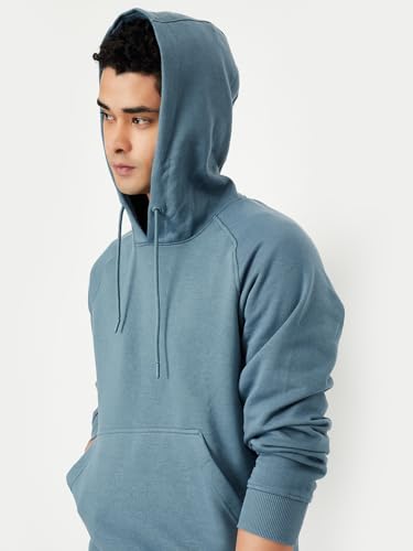 Max Men's Cotton Blend Round Neck Hooded Sweatshirt (SPCSSWN2451ATLIGHT Blue