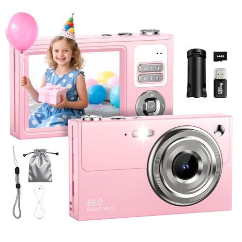 Digital Camera for Kids & Beginners, 4K Digital Camera with 64GB SD Card 16X Zoom Anti-Shake, Compact Point and Shoot Camera with 2.8" Screen, Portable Small Camera for Students, Travel & Gifts Pink