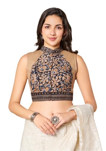S SALWAR STUDIO Beige Kalamkari Pure Cotton Stand Collar Readymade Blouse