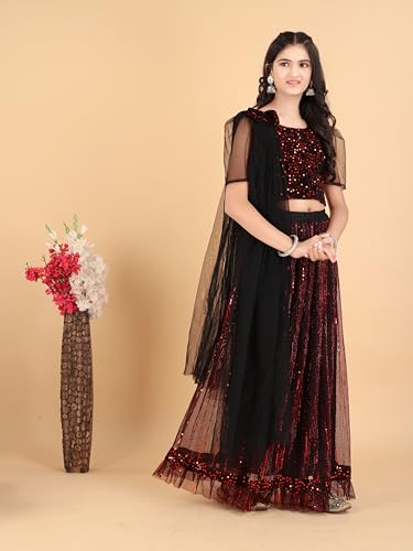 Xavima Niharika Maroon Girls Super Net Readymade Lehenga Choli Set With Dupatta Skirt Blouse Dress Outfit For Kids Event Stage Celebration School Gathering Public Program_3-4 Years