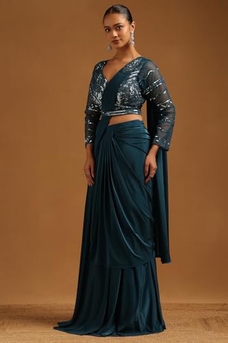 Soch Womens Teal Spandex Embellished Ready To Wear Saree