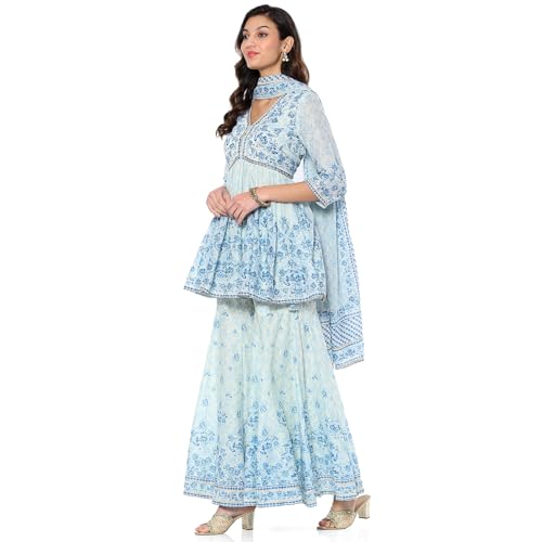 BIBA Women's Cotton Kurta Sets (SKDAMBER9533AW24AQU_Aqua Blue