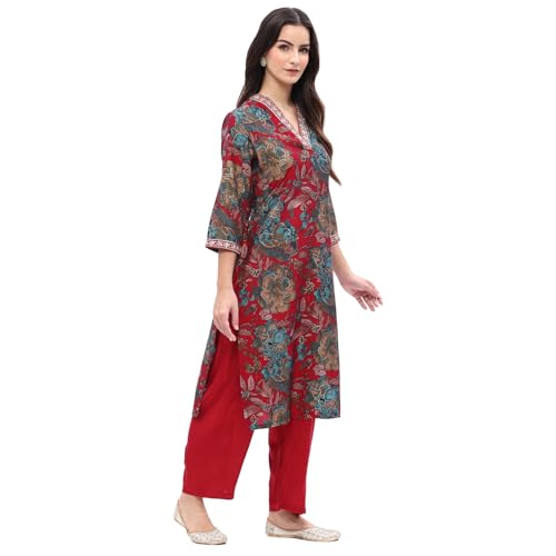 Rangriti Women's Pink Viscose Blend Floral Printed Straight Suit Set_46