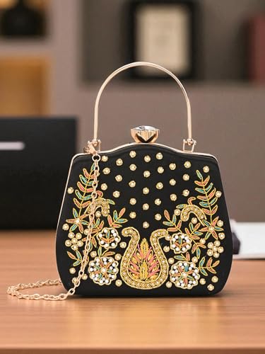 TOOBA Handicraft Beautiful Bling Box Clutch Bag Purse for Bridal, Wedding Bag for Women & Girls Black