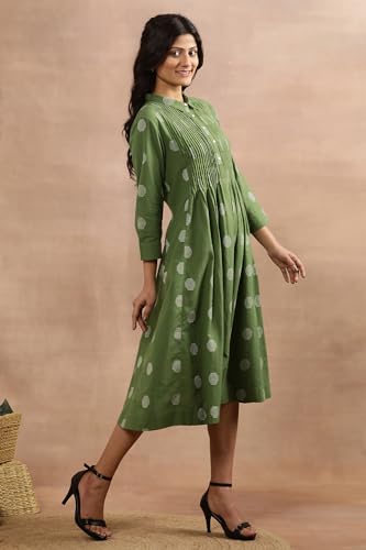 W for Woman W Women Green Polka Print Cotton Flax Flarred Dress_24FEW11081-313885_S